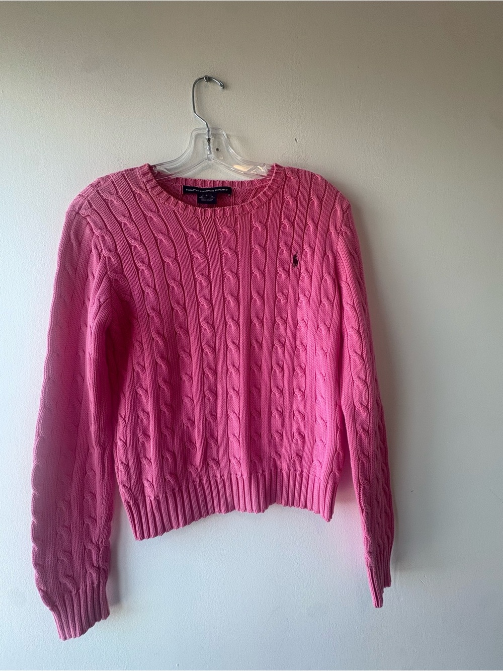 Ralph Lauren Sports Bright Pink Cable-Knit Crewneck Sweater Size S slimfit Cozy - Picture 2 of 9